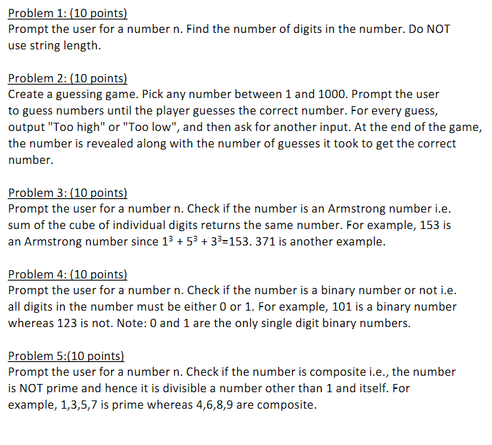 Solved Problem 1: (10 ﻿points)Prompt the user for a number | Chegg.com