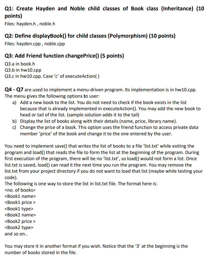 Q1: Create Hayden and Noble child classes of Book | Chegg.com