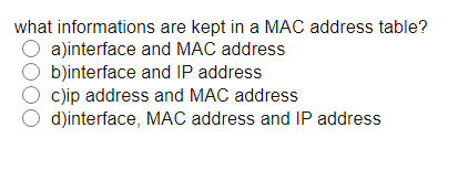 Solved what informations are kept in a MAC address table? | Chegg.com