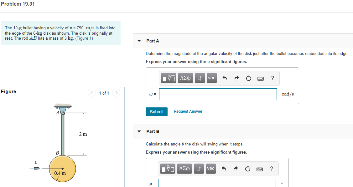 Solved Problem 19.31 The 10-g bullet having a velocity of v | Chegg.com