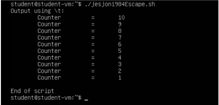 \( \begin{array}{clc}\text { Student@student-vm: } \$ & . / \text { jesjon1984Escape.sh } \\ \text { Output using } \backslas