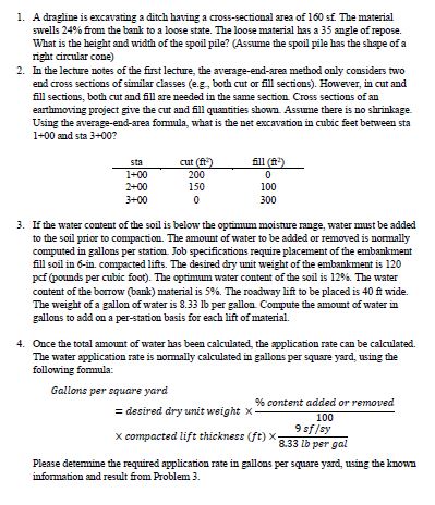 Solved 1. A dragline is excavating a ditch having a | Chegg.com