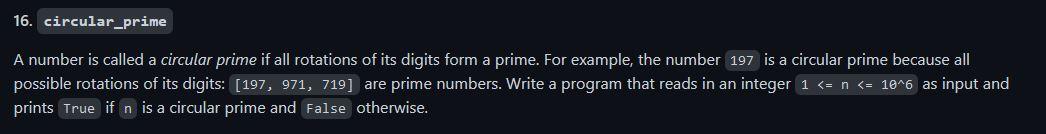 Solved 16. circular_prime A number is called a circular | Chegg.com