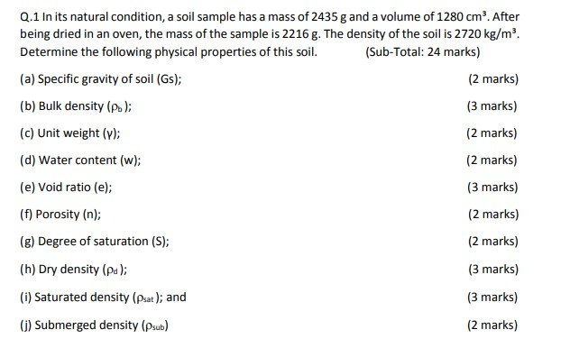 Solved Q 1 In Its Natural Condition A Soil Sample Has A Chegg Com