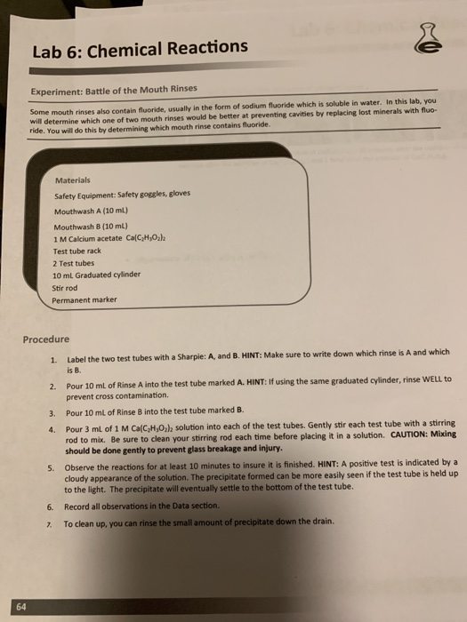Lab 6 Chemical Reactions Experiment Battle of the