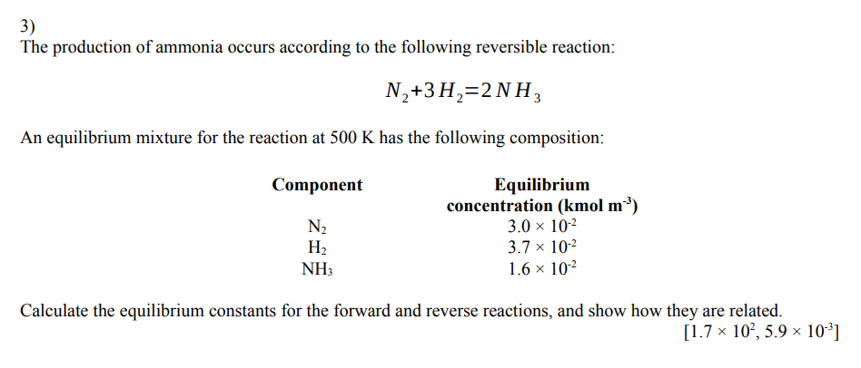 Solved The production of ammonia occurs according to the | Chegg.com