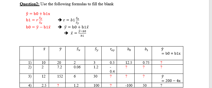 Solved Question2 Use The Following Formulas To Fill The Chegg Com