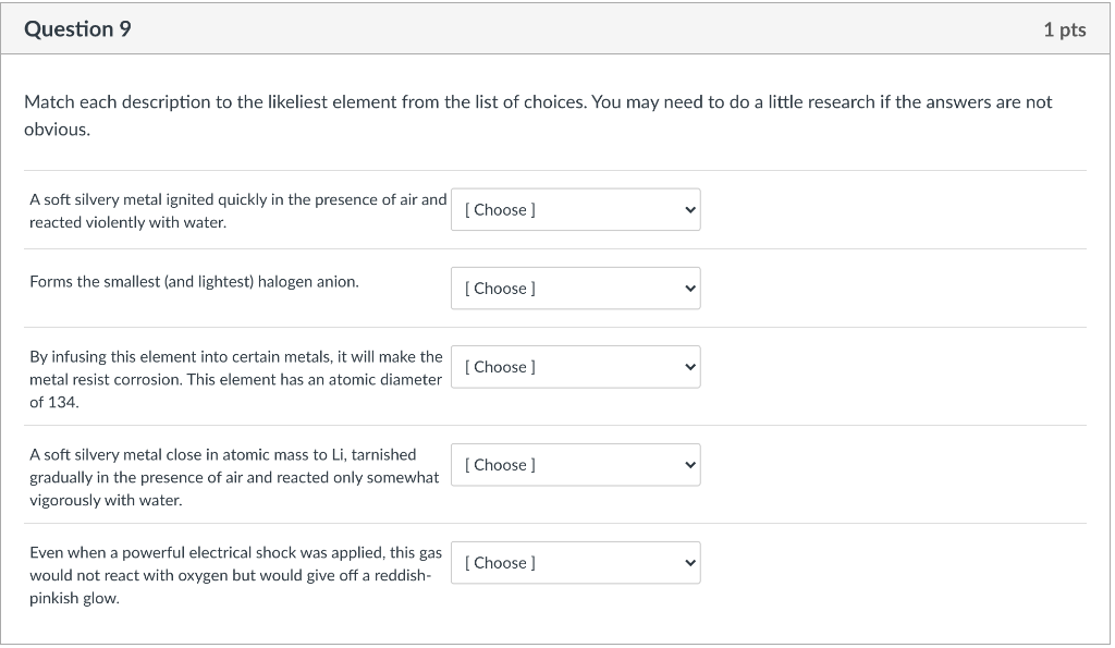 Solved Question 9 1 pts Match each description to the | Chegg.com