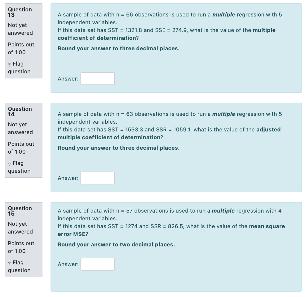 Solved Question 13 Not yet answered A sample of data with n | Chegg.com