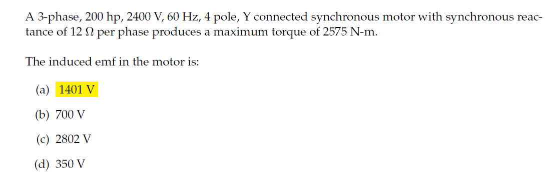 Solved A 3-phase, 200 hp, 2400 V, 60 Hz, 4 pole, Y connected | Chegg.com