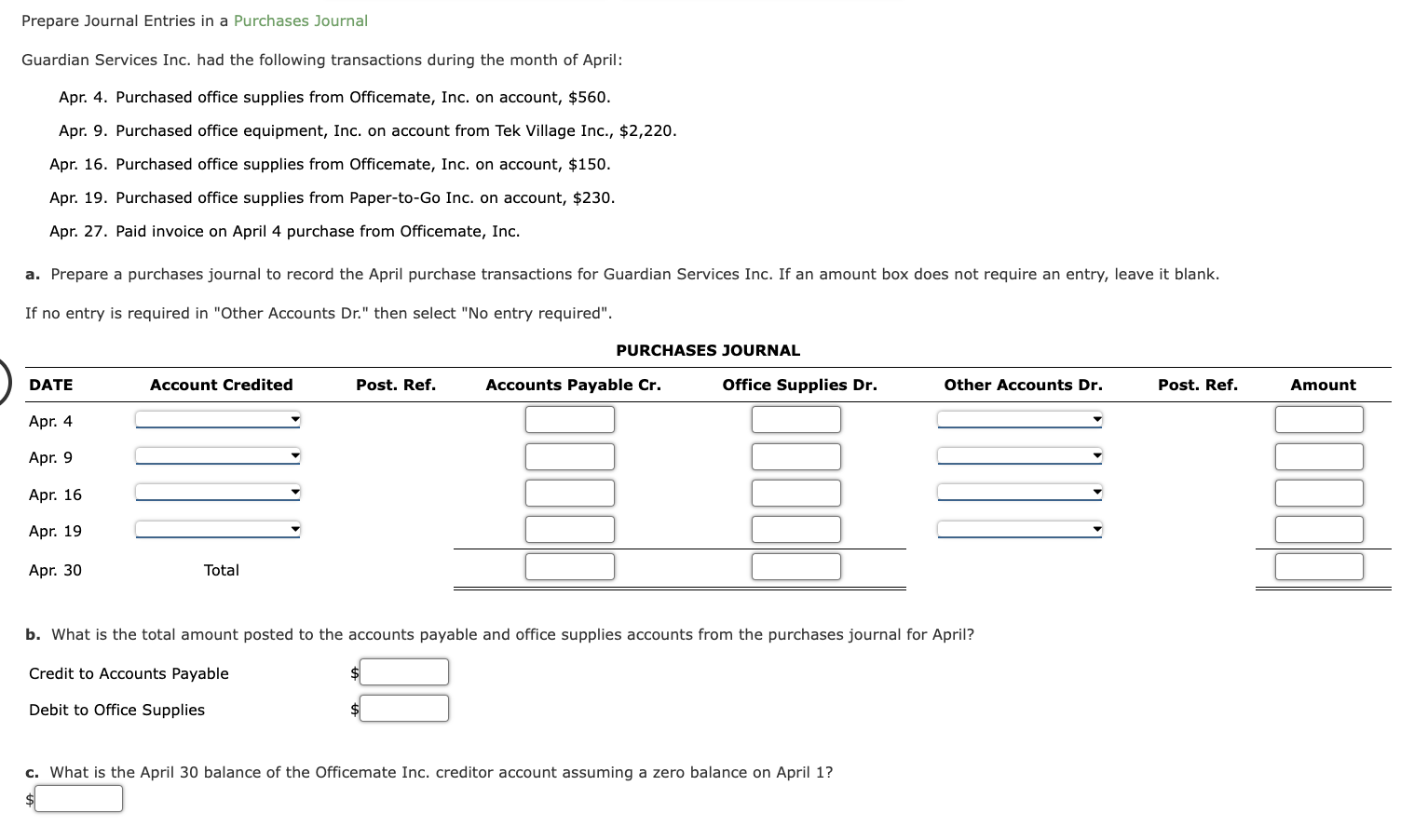 Solved Prepare Journal Entries in a Purchases Journal | Chegg.com
