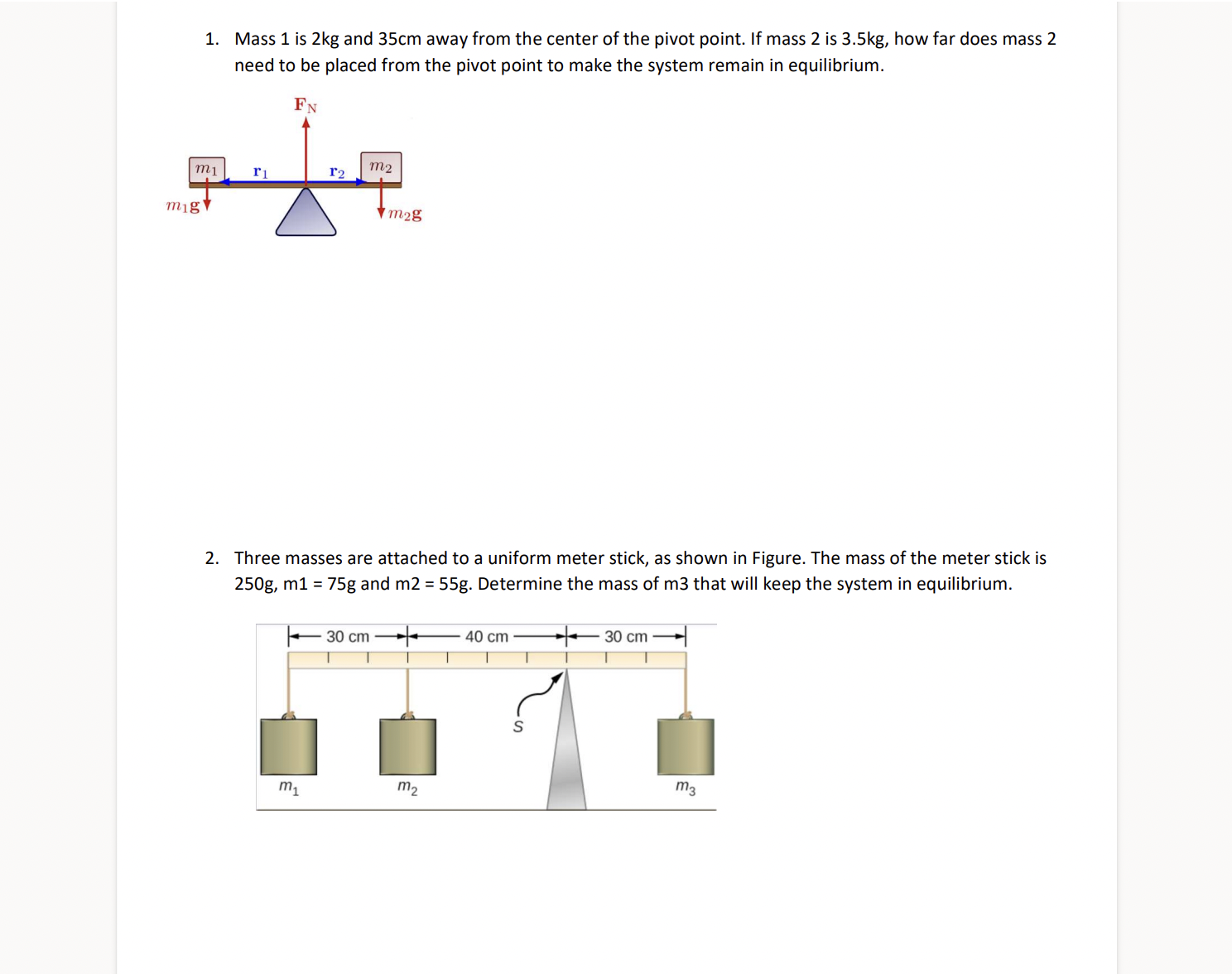 Solved 1. Mass 1 Is 2 Kg And 35 Cm Away From The Center Of | Chegg.com