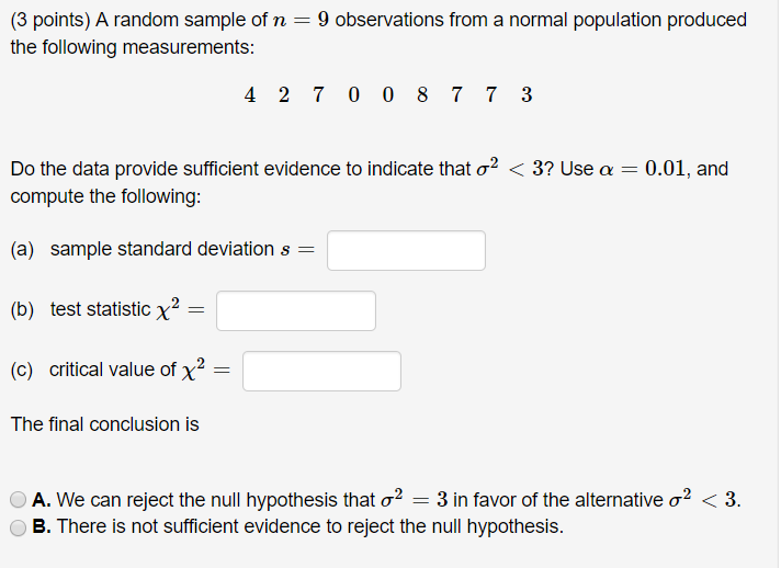 Solved (3 points) A random sample of n = 9 observations from | Chegg.com