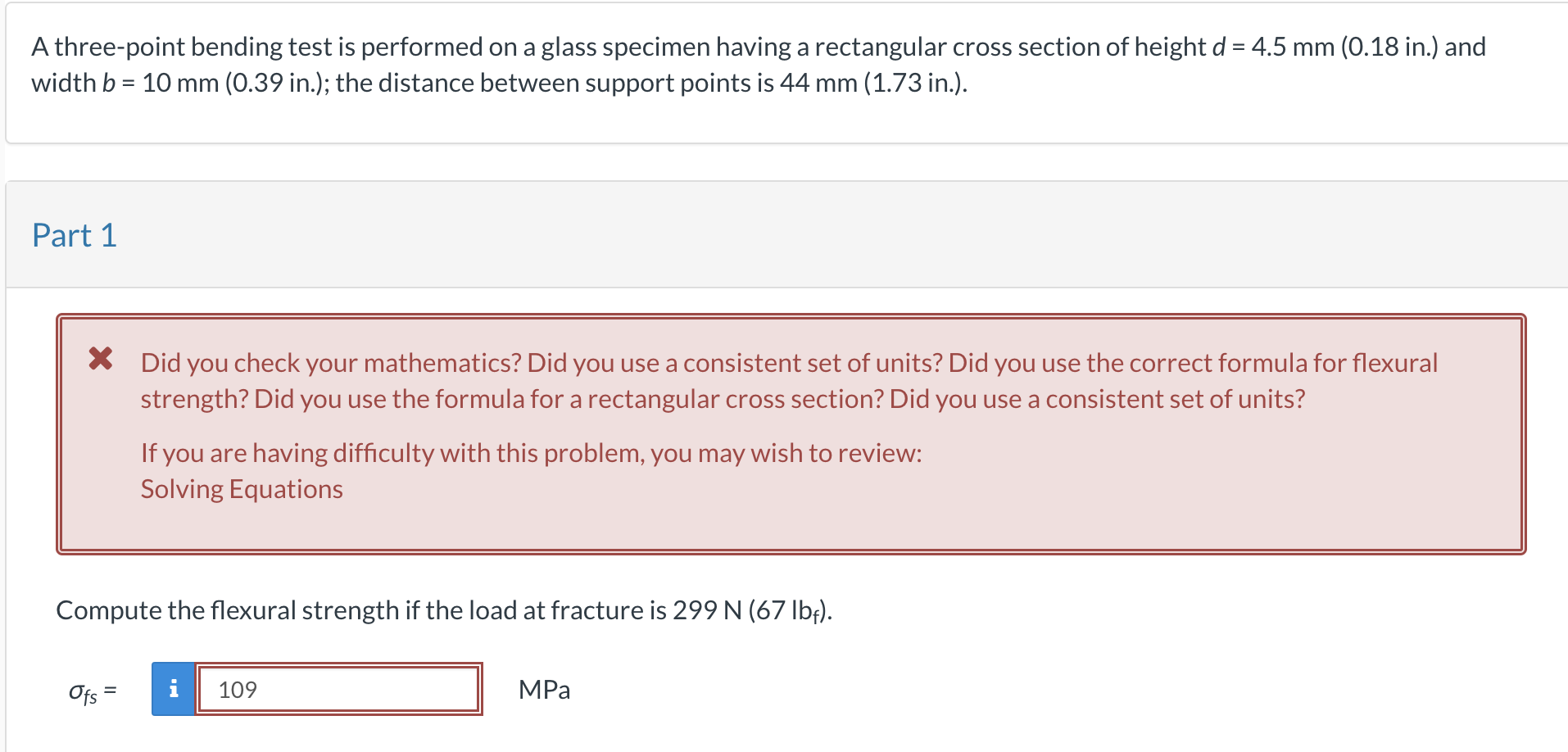 Solved A three-point bending test is performed on a glass | Chegg.com