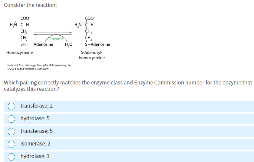 Consider the reaction:
Nelson \& Cox, Lehninger Principles of Biochemistry, 8e
O 2021 W. H. Freeman \& Company
Which pairing 