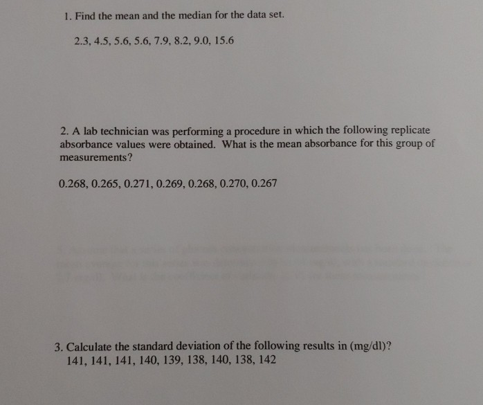 Solved 1. Find the mean and the median for the data set. | Chegg.com