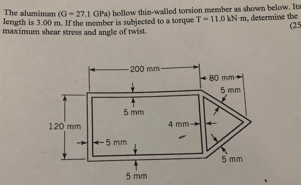 Solved The Aluminum G Gpa Hollow Thin Walled Torsion Chegg Com