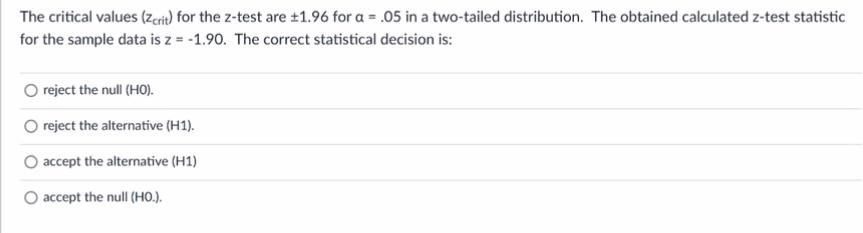 Solved The critical values (Zcrit) for the 2-test are +1.96 | Chegg.com