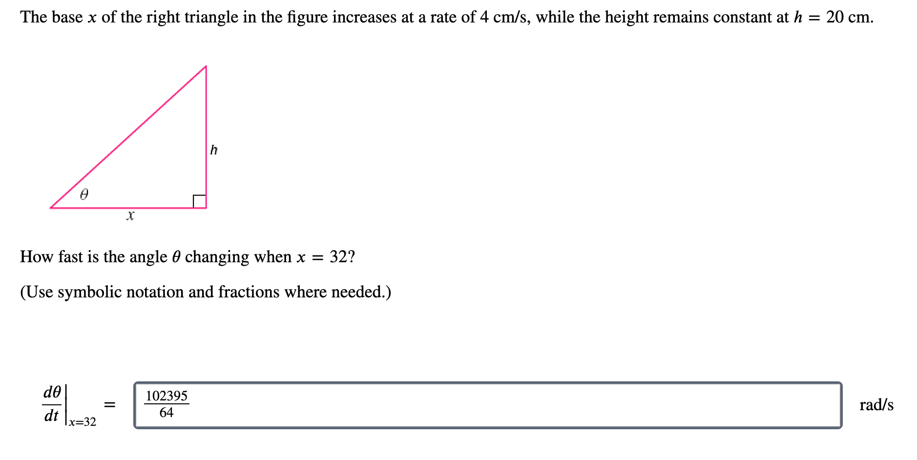 Solved The base x of the right triangle in the figure | Chegg.com