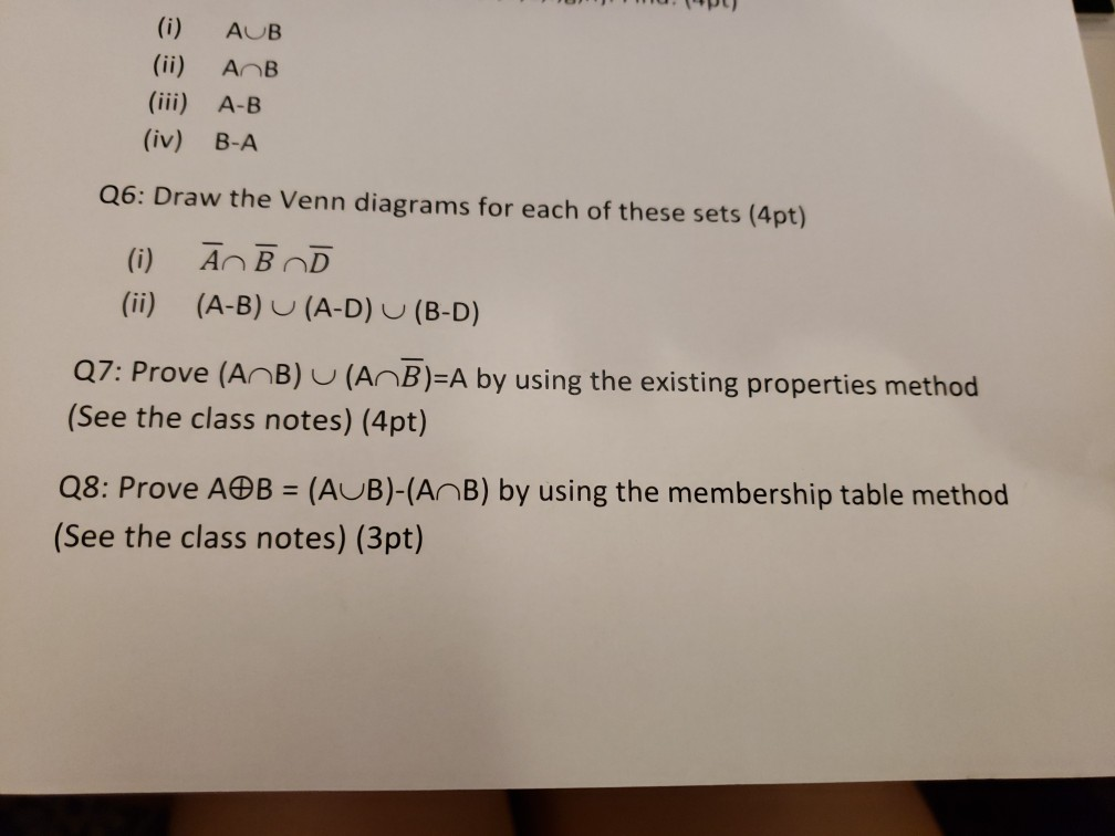 Solved JU . (i) AUB (ii) ANB (iii) A-B (iv) B-A Q6: Draw The | Chegg.com