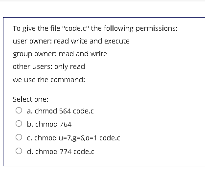 Solved To give the file "code.c" the following permissions: | Chegg.com