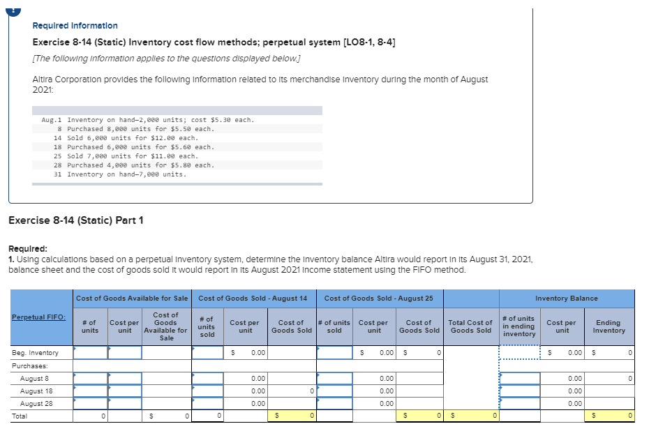 Solved Required Information Exercise 814 (Static) Inventory