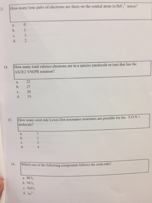Solved e central atom in BrF, anion? 3. How many lone pairs | Chegg.com