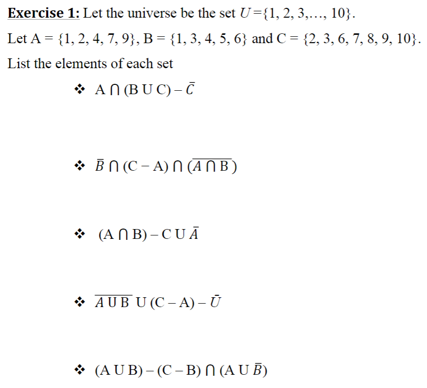 Solved Exercise 1: Let The Universe Be The Set U={1, 2, | Chegg.com