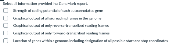 Solved Select all information provided in a GeneMark report. | Chegg.com
