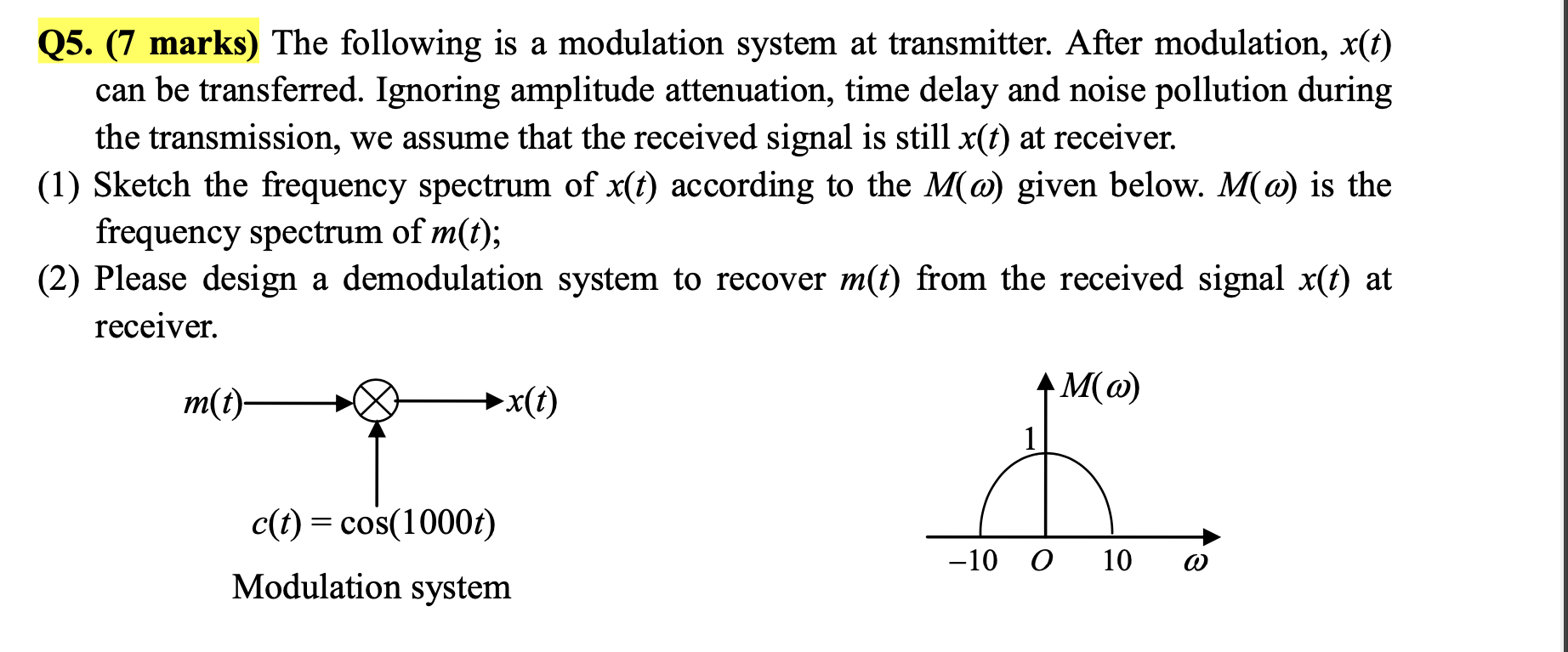 Solved Q5. (7 marks) The following is a modulation system at | Chegg.com