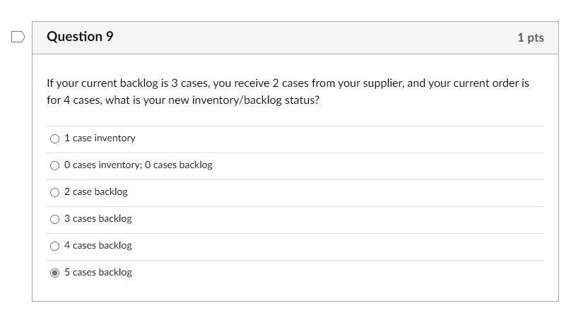 Solved Question 9 1 pts If your current backlog is 3 cases, | Chegg.com