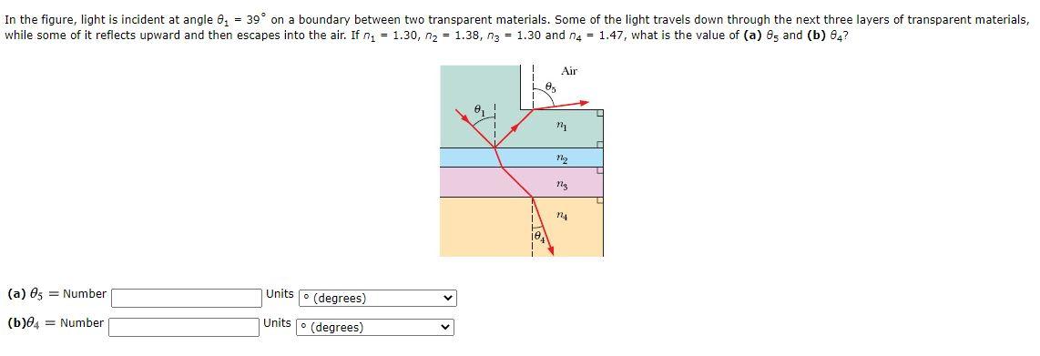 Solved In the figure, light is incident at angle 0. = 39° on | Chegg.com