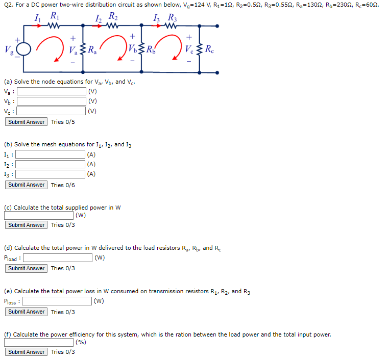 Q2. For a DC power two-wire distribution circuit as shown below, \( \mathrm{V}_{\mathrm{g}}=124 \mathrm{~V}_{\mathrm{t}} \mat