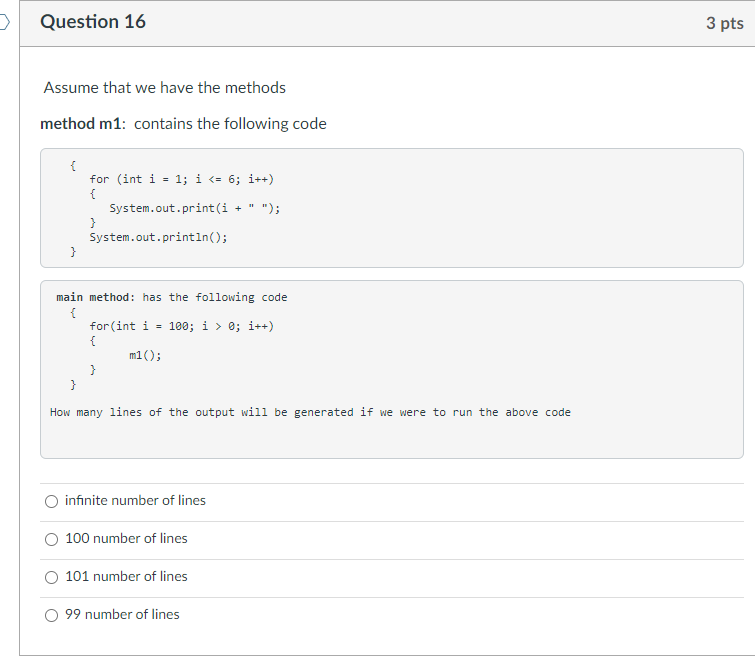 Solved main method: has the following code \{ for ( int | Chegg.com