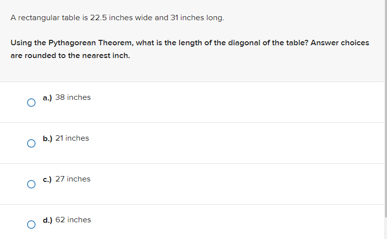 Solved A rectangular table is 22.5 inches wide and 31 inches | Chegg.com