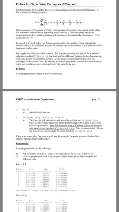 Solved Problem #1-Taylor Series Convergence (C Program) For | Chegg.com