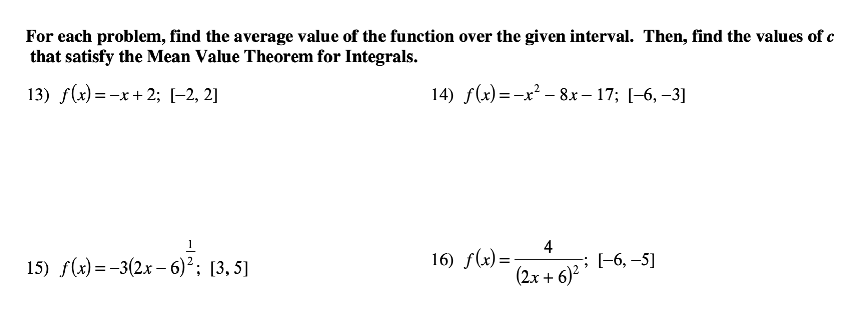 Solved For each problem, find the average value of the | Chegg.com