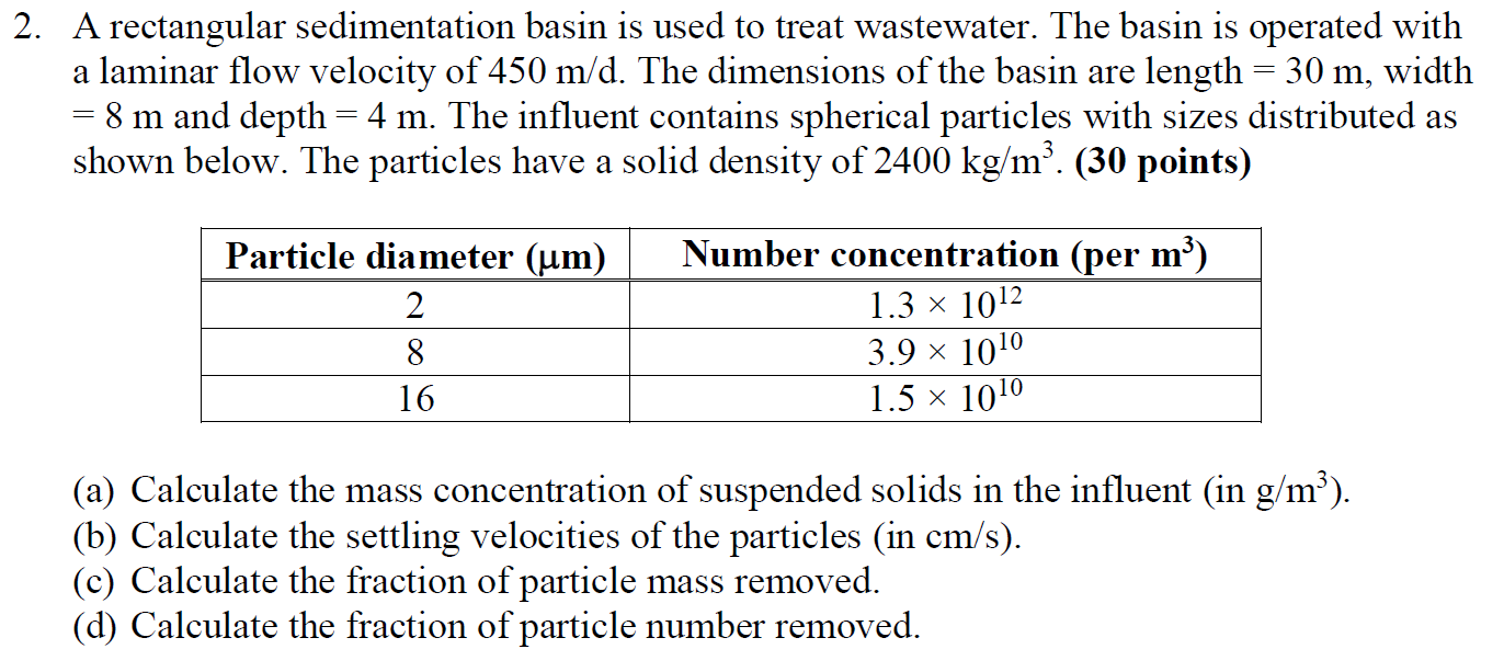 Solved 2. A rectangular sedimentation basin is used to treat