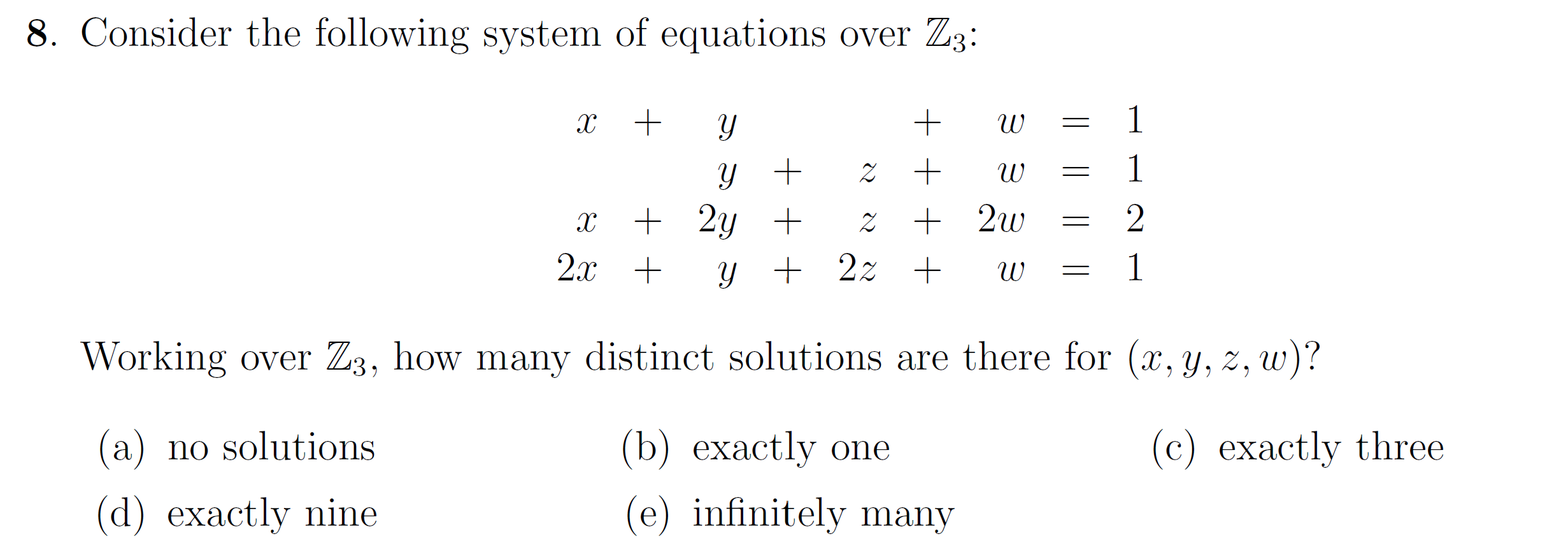 Consider the following system of equations over Z3: x | Chegg.com