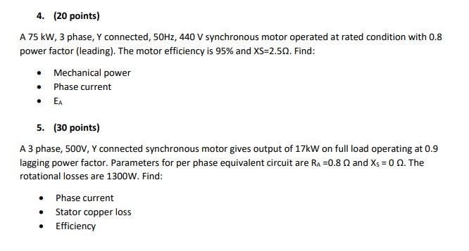 Solved A 75 kW,3 phase, Y connected, 50 Hz,440 V synchronous | Chegg.com