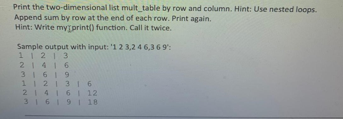 Solved Print the two dimensional list mult table by row and