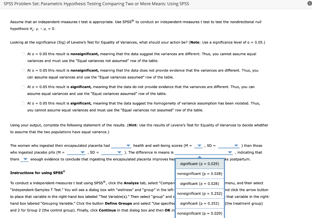 Solved SPSS Problem Set: Parametric Hypothesis Testing | Chegg.com