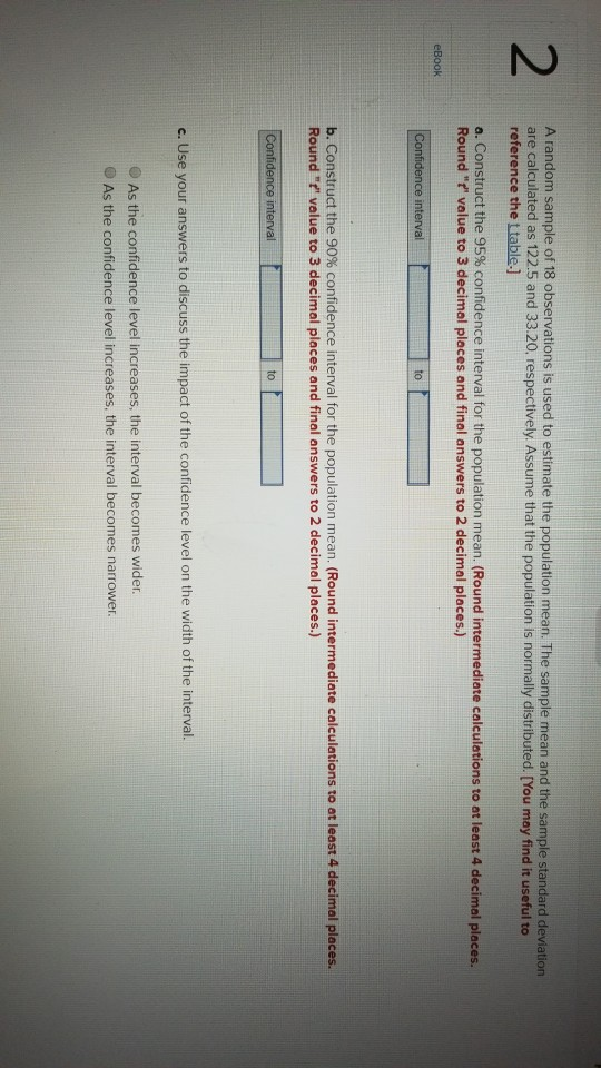 Solved 2 A random sample of 18 observations is used to | Chegg.com