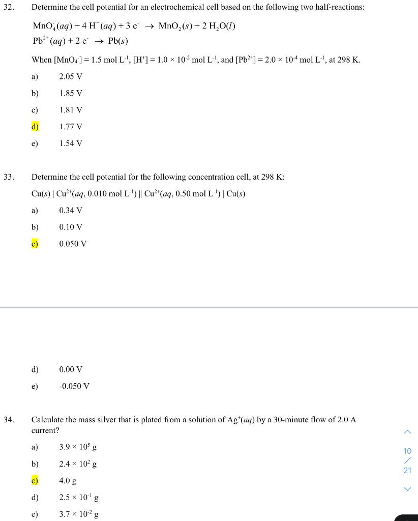 Solved 32. Determine the cell potential for an | Chegg.com