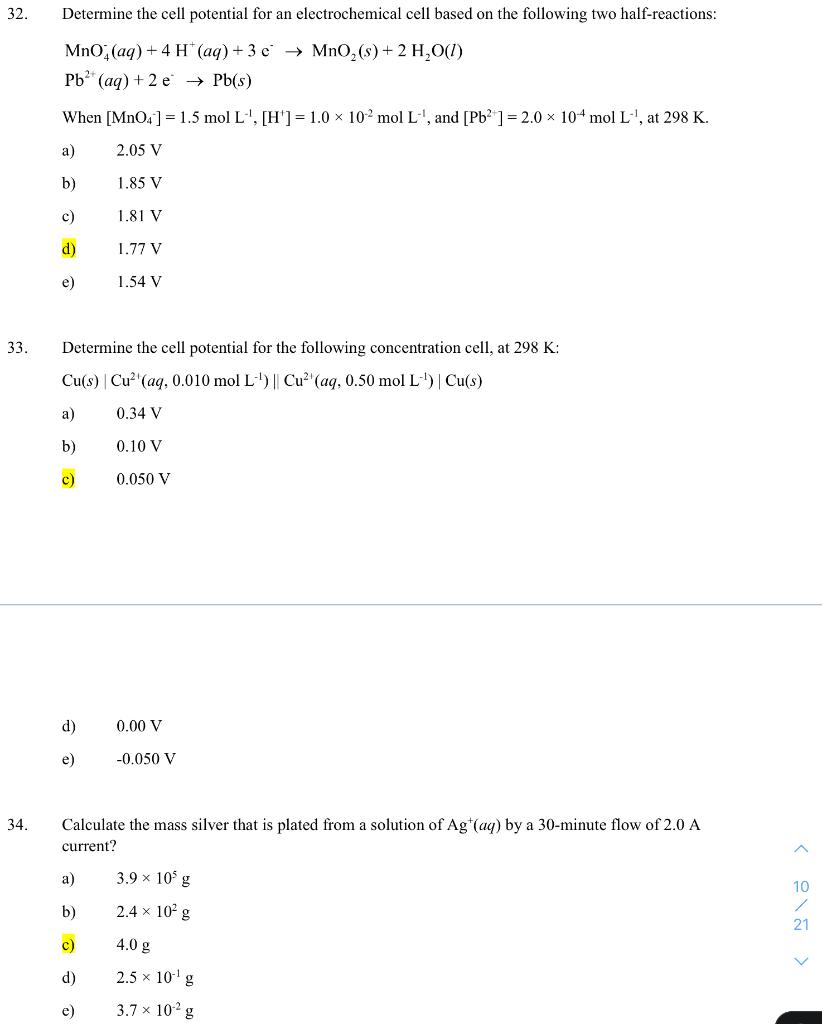 Solved 32 Determine The Cell Potential For An 6351