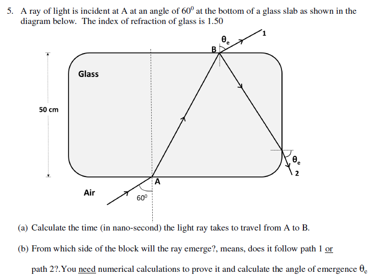 Solved 5. A ray of light is incident at A at an angle of 60° | Chegg.com