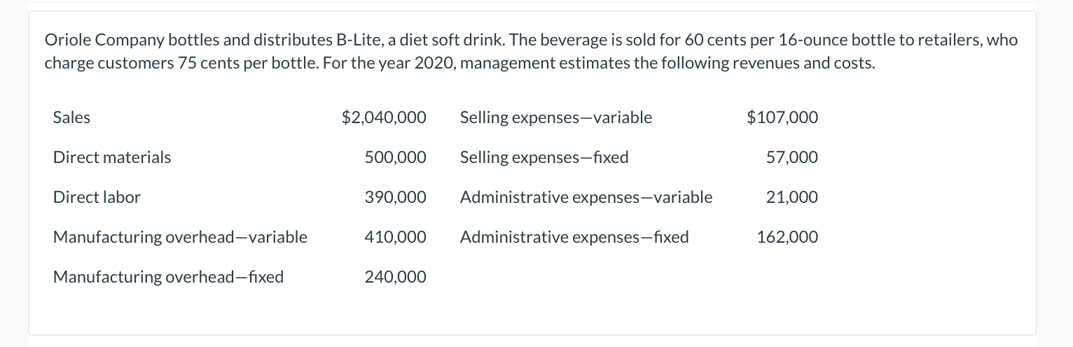 Solved Oriole Company Bottles And Distributes B-Lite, A Diet | Chegg.com