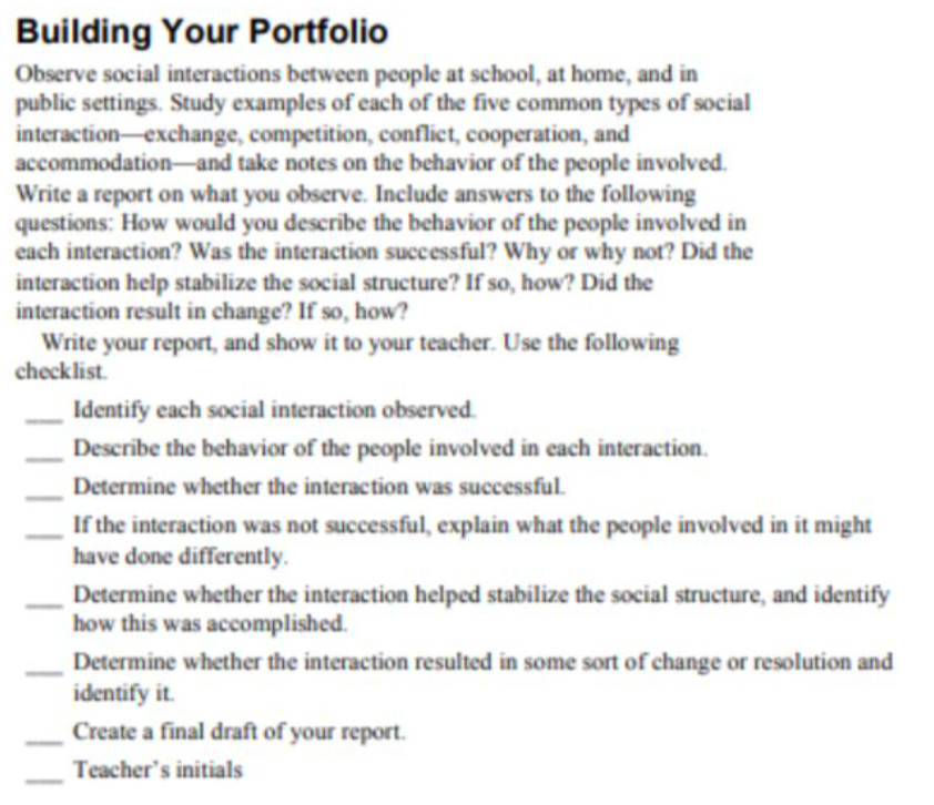 Building Your Portfolio Observe social interactions | Chegg.com