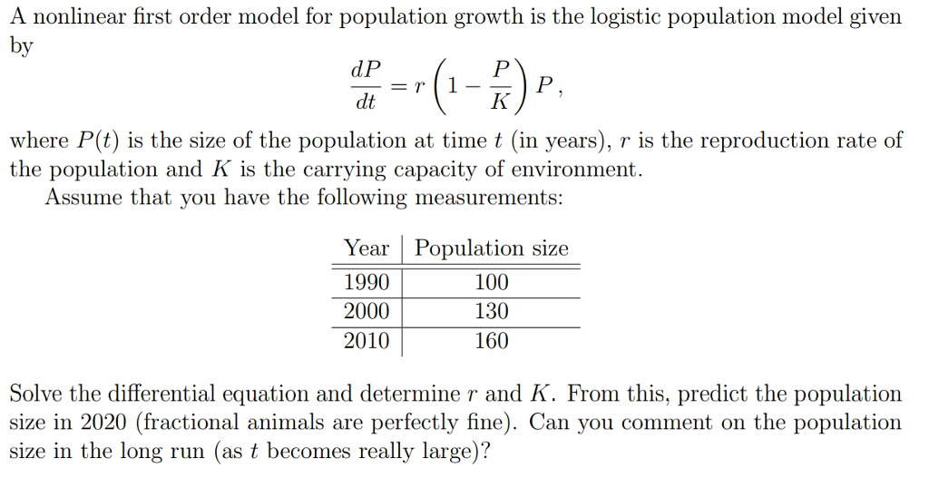 Solved A nonlinear first order model for population growth | Chegg.com