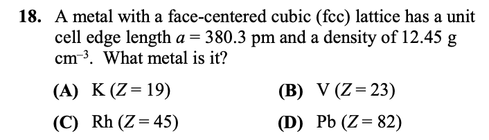 Solved 18 A Metal With A Face Centered Cubic Fcc Latti Chegg Com